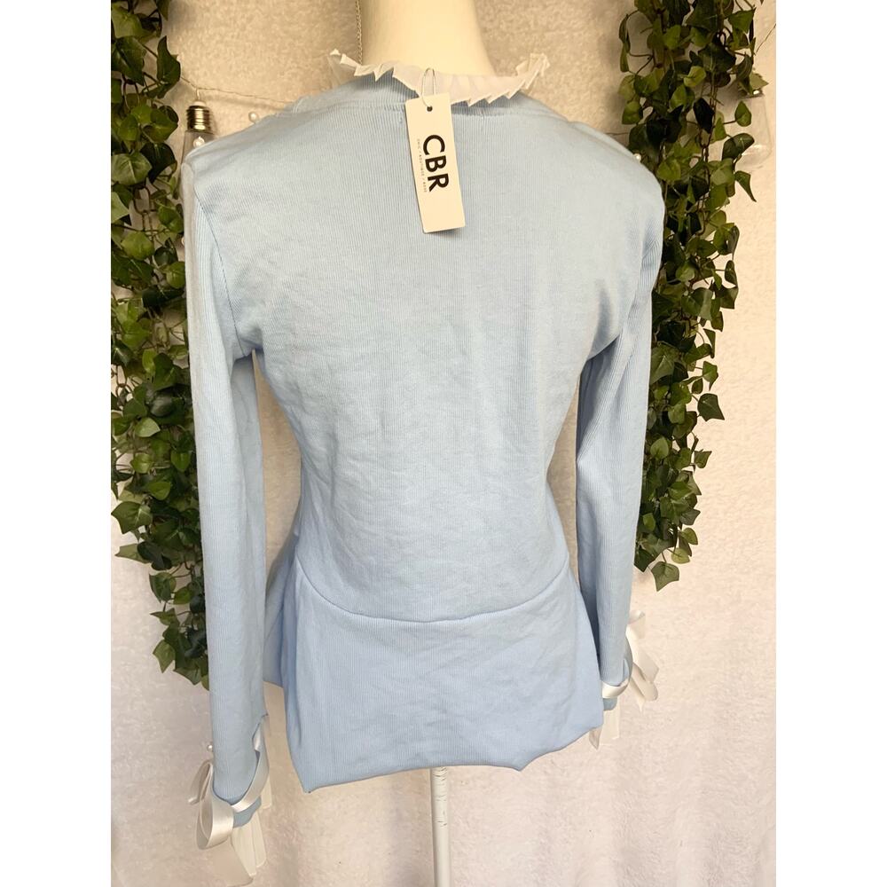 NWT CBR Blue Ruffled Collar Beaded with Bows Long Sleeved Blouse Women's Large - Picture 9 of 11